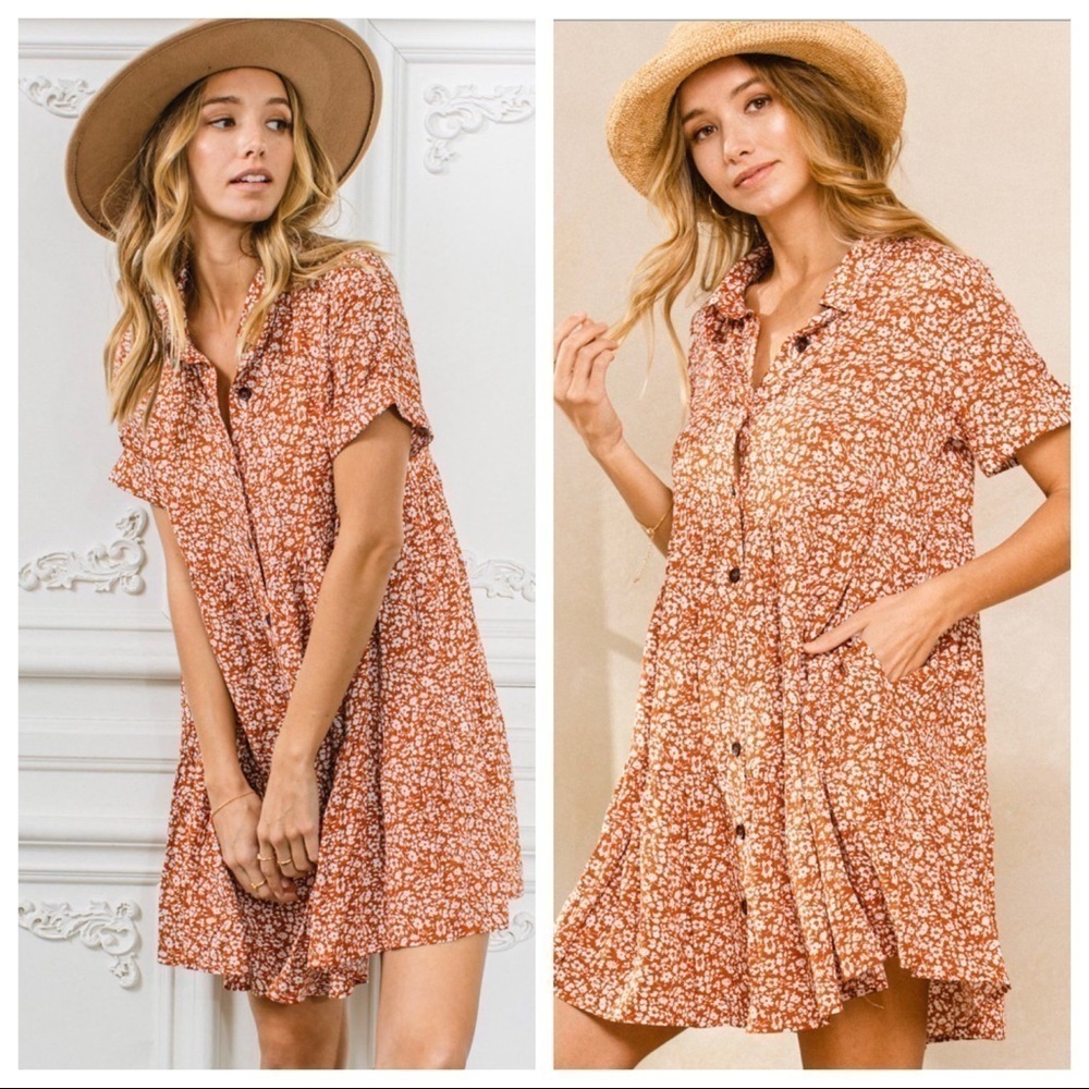 New! Boho Short-Sleeve Floral Button Down Babydoll Flowy Dress Size S Oversized - Picture 5 of 5